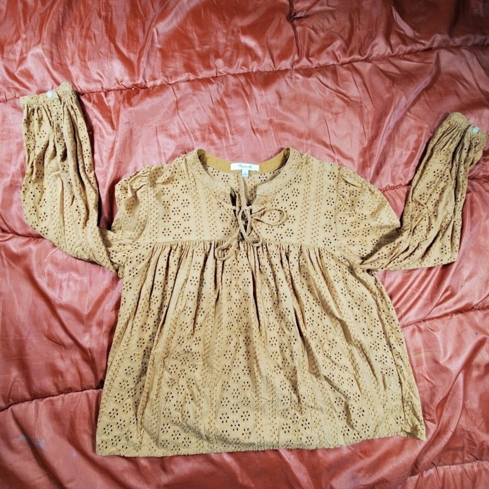 Madewell Eyelet Women‎ Medium Double Tie Peasant Top Long Sleeve Boho True Brown - Picture 3 of 14